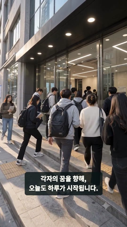 학원 건물로 들어가는 수강생의 AI 연출 장면